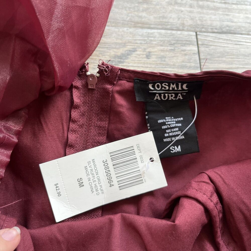 Hot Topic Cosmic Aura Dress Small Maroon Tiered Puff Sleeve Ruffle Mini NWT - Picture 4 of 7